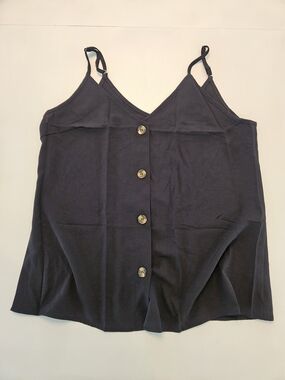 Black V Neck Spaghetti Strap Button-Front Tank Top - Women